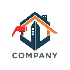 Construction repair service company logo with hammer and building