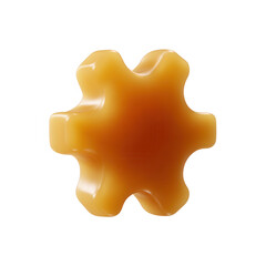 A glossy, caramel-colored gummy candy shaped like a gear, presented against a white isolated background for a clean and appealing look.