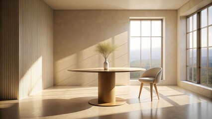 Serene Minimalist Room Interior Design Featuring Round Table and Single Chair with Natural Light