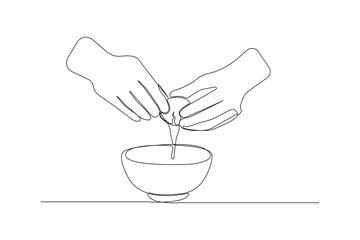 Continuous single-line art drawing of hands cracking raw egg into a bowl. Cracked Egg outline vector isolated on white background