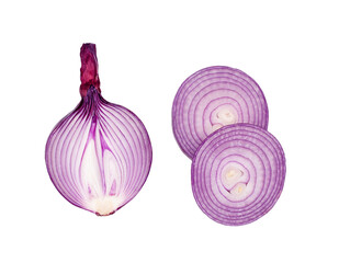 Red onion slices isolated on a white background, contour.