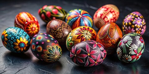 A Collection of Ornate Hand-Painted Eggs, Vividly Decorated with Intricate Floral and Geometric Designs, Resting on a Dark Surface