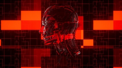 Futuristic Transparent Robotic Head Set Against Vibrant Red and Black Geometric Background Evoking Advanced Technology and Digital Innovation with Striking Eerie Visual Effect