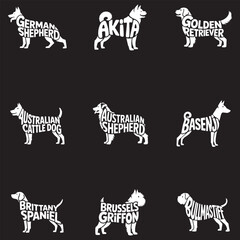 Collection of  Dog breed illustration, Dog Breed Typography Silhouette Design, Dog silhouette with text Name inside Clipart
