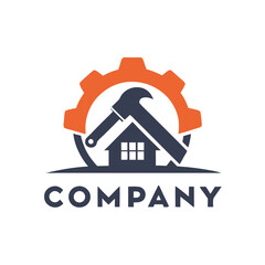 Construction renovation logo depicting house hammer and gear icon