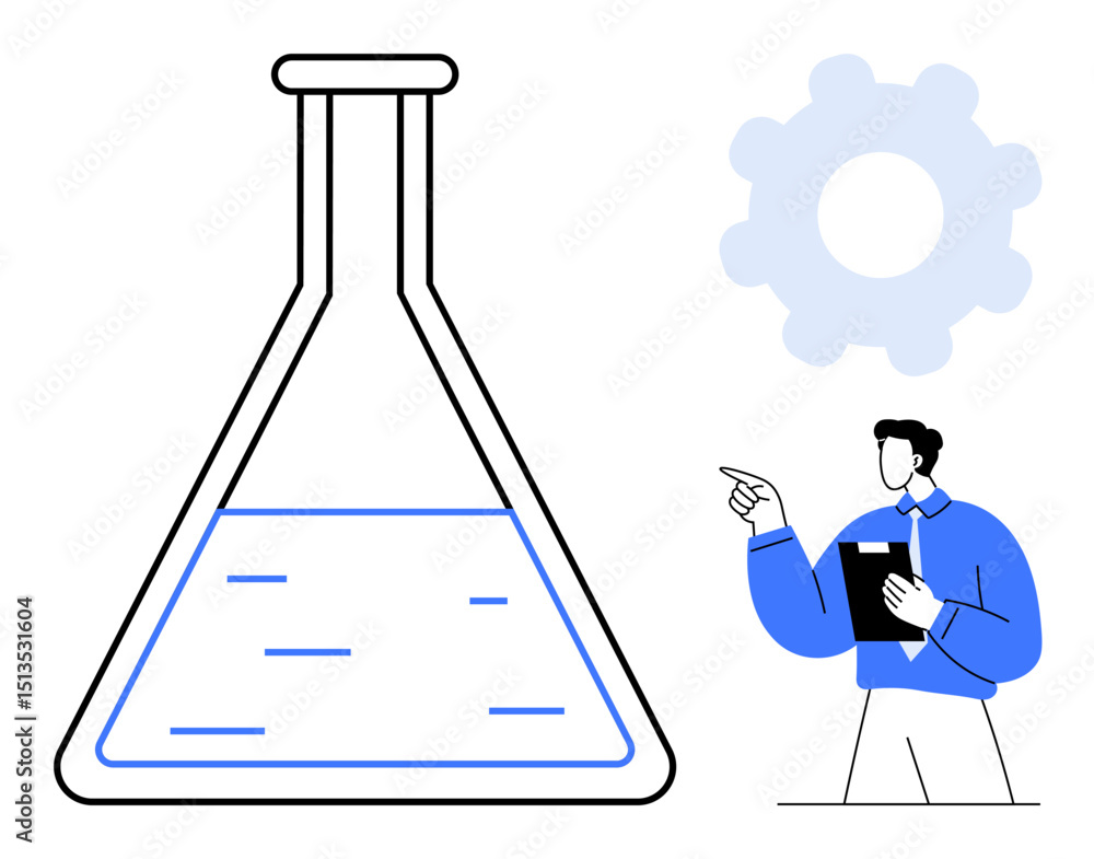 Poster laboratory flask with liquid beside a professional scientist holding a notebook and pointing at it. 
