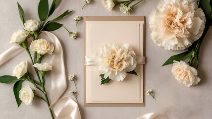 Romantic flat lay with blank cream card, ivory satin fabric, dried flowers, and peach carnations in warm natural light – perfect for mockups, invitations, or elegant branding

