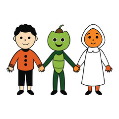 Kids in fun Halloween costumes hold hands in a line, smiling and celebrating together—witches, ghosts, superheroes, and pumpkins spreading spooky joy!
