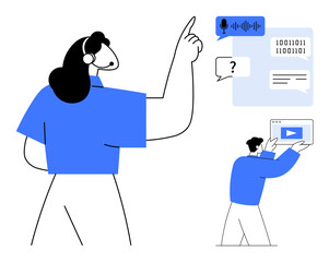 Woman gesturing at soundwave and digital interface icons, man holding play screen. Ideal for tech, communication, collaboration, learning, data, user experience, and simple landing page