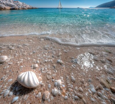 Seashell Beach Waves Serenity Under Sunlight Horizon Sailboat Voyage Tranquil Coastal Scenery Nature