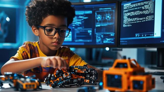 Young innovator engaging in robotics programming and assembly with screens in background