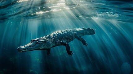 Alligator swimming gracefully underwater with sun rays piercing through the surface