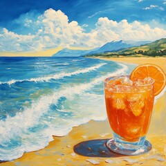 Refreshing Orange Cocktail by the Ocean at Beach Painting