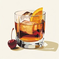 Refreshing Cocktail with Orange Slice and Cherry Garnishment Illustration on White Background Still Life