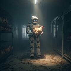 Robot Holds Chicken in Industrial Interior with Wire Mesh and Refrigeration Units for Processing