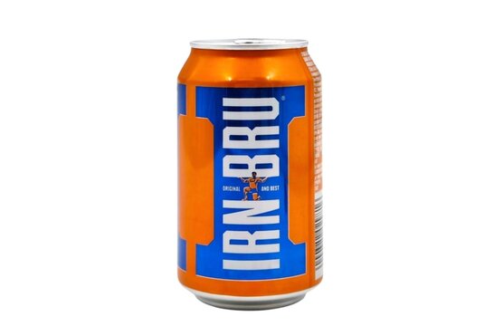 Photo of an original Irn-Bru soft drink can, isolated on a white background. Irn-Bru is a classic Scottish soda, known as Scotland&rsquo;s other national drink. 
