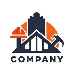 Obraz premium Modern construction company logo featuring construction tools and building