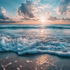 Serene Ocean Scene with Waves Gently Rolling onto the Shore at Sunset Under Dramatic Cloudy Sky