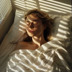 Serene Awakening Woman in Morning Sunlight Embracing Relaxation and Calm in Peaceful Bedroom Space