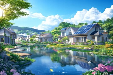 Serene Lakeside Homes with Solar Panels Reflecting in Tranquil Water under Blue Sky