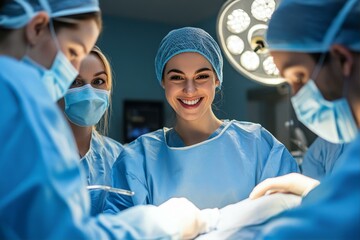Surgical Team in Action Medical Professionals in Operation Room with Surgical Light Fixture