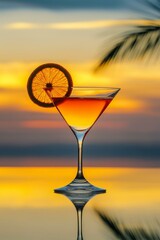 Sunset Cocktail with Citrus Slice on Beach at Dusk A Perfect Tropical Evening Vacation Drink