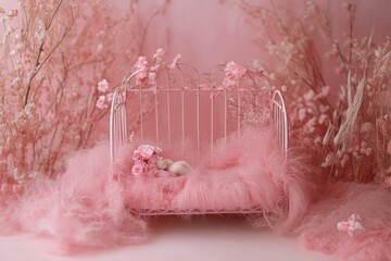 Sweet Slumber Newborn in Dreamy Floral Bed Scene Photography Capture with Pink Color Palette