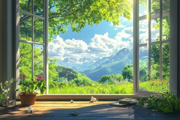Tranquil View Through Open Window Framing Verdant Mountains and Lush Meadows Under Azure Skies