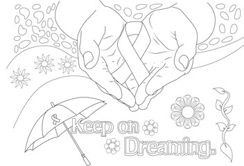 Fight Cancer Awareness Ribbon Line Art, Line art illustration depicting hands gently holding an awareness ribbon, symbolizing hope and support in the fight against cancer. The image includes 