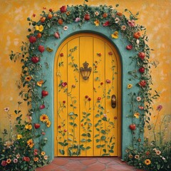 Vibrant Yellow Door Adorned with Floral Cascade Against Textured Orange Wall Backdrop Artistic View