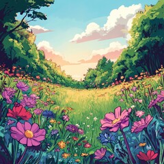 Vibrant Flower Field with Grass and Sky Featuring Blooming Plants in Lush Meadow Illustration