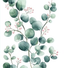 Watercolor Eucalyptus Leaves with Delicate Pink Buds Botanical Illustration Elegant and Serene Art