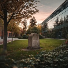 Weathered Stone Marker in Autumnal Setting Adjacent to Modern Architecture Complex Under Gentle Sunset