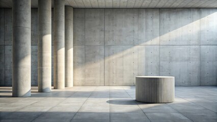 Sunlit Modern Architectural Space with Concrete Columns and Cylindrical Pedestal