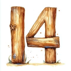 Wooden Number Fourteen Rustic Log Design Whimsical Illustration Textured Artistic Style Isolated Art