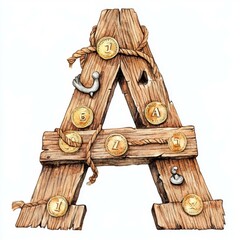 Wooden Letter A Adorned with Pirate Coins and Ropes in a Stylized Artistic Rendition
