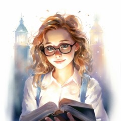 Young Girl in Glasses Lost in the Pages of Her Book Against Architectural Backdrop of Learning