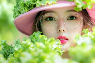 Youthful Elegance Portrait Pink Hat and Clear Glasses Surrounded by Vibrant Green Lettuce Leaves