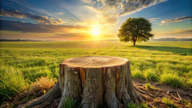Serene sunset landscape featuring a weathered tree stump in a verdant field with a lone tree under a radiant sky