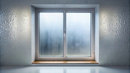 Fototapeta premium A foggy windowpane with condensation on the surrounding wall, showcasing the effects of humidity and temperature differences on a window frame and its sill.