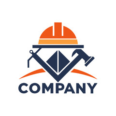 Abstract Construction Company Logo Featuring Helmet and Tools