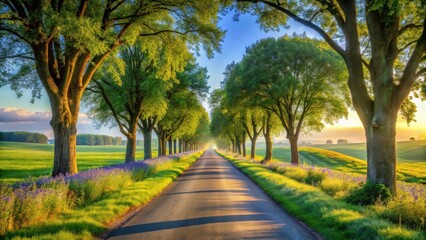 Obraz premium Serene Country Road Lined with Lush Green Trees and Vibrant Purple Flowers at Sunrise