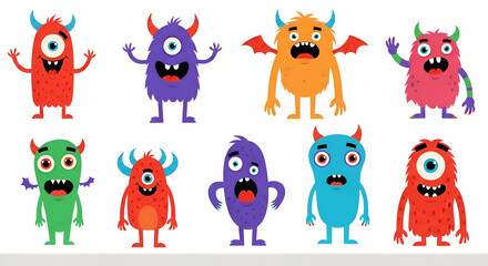 Funny monster wall sticker set in bold colors on a minimal white background