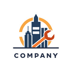 City buildings and wrench stock logo for construction maintenance