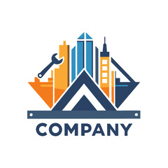 Obraz premium Construction and repair company logo with cityscape visual