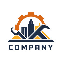 Obraz premium Gear-shaped city skyline logo illustration for industrial company