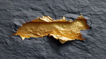 Flat lay photo of a crumbled rectangular sheet of dark grey paper torn in the middle, revealing golden core. Luxury, minimalistic frame background