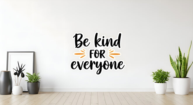 Motivational quote wall sticker with text "Be kind for everyone" in playful handwritten font on a decorative clean white wall
