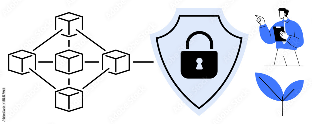 Poster blockchain nodes connecting within a secure shield, a person pointing at data, and growing leaves. i
