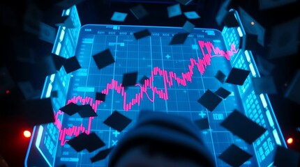 A digital display with a pink graph and a blue background is surrounded by black squares falling from the top of the image